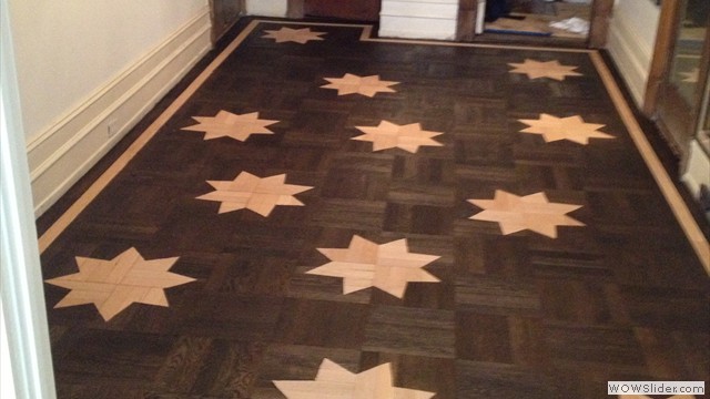 Sand & Refinishing Of Parquet With Stencilling Of Custom Made Designs With Random Selection Of Placement Manhattan, NY